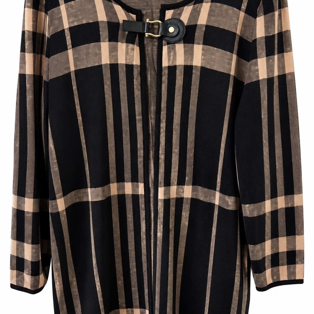 Anne Klein Black and Beige Plaid Cardigan with Buckle Neck